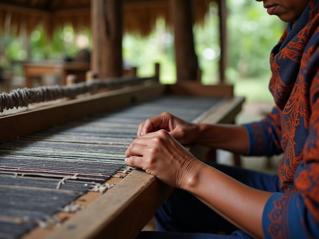 Hands weaving ikat threads on a backstrap loom in an East Sumba village