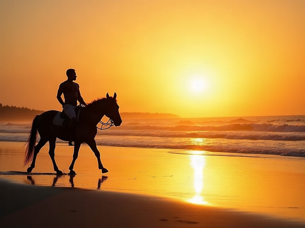Rider on a sandalwood horse at sunset on a West Sumba beach, seen from behind